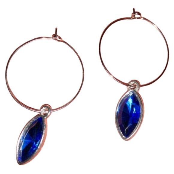 Cobalt Blue Marquis Rhinestone Silver Charm Hoop Earrings Hoops Handmade KATTA - Picture 1 of 9